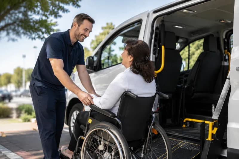 Driver assisting a rehabilitation patient into a wheelchair accessible vehicle