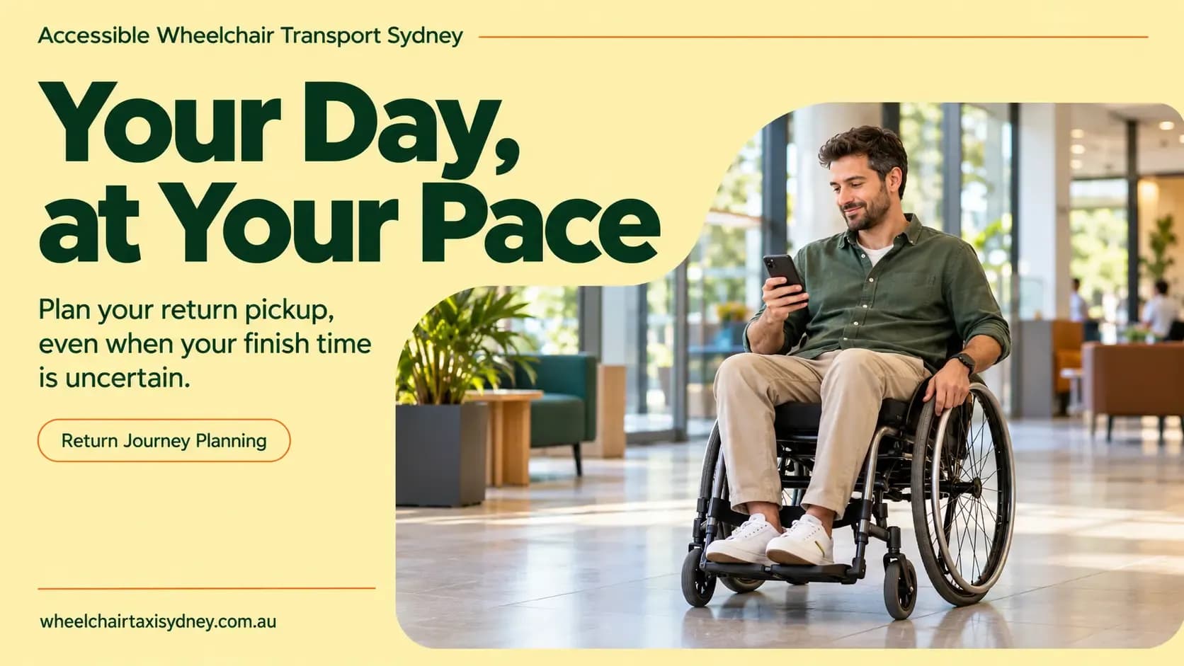Man using a wheelchair checking his phone while planning his return transport pickup in Sydney.