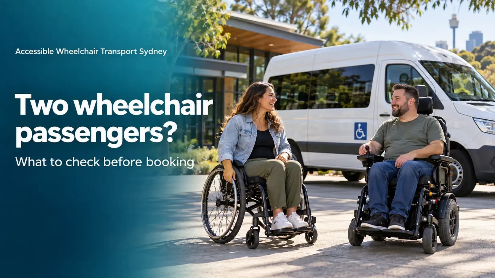 Illustration of two wheelchair users beside an accessible passenger van